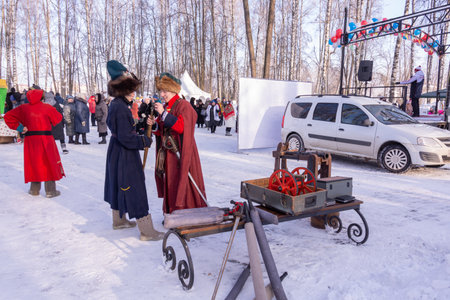 Kyshky Uennar Holiday: Winter fun in Tatar. Tatar holiday in Pushkino, Moscow region. Russia - February 5, 2022.のeditorial素材