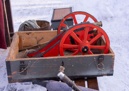 Wooden models of ancient weapons at the Kyshky Uennar festival: Winter fun in Tatar. Tatar holiday in Pushkino, Moscow region.の写真素材