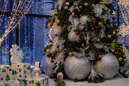 Decorated christmas tree with ornaments and balls.の写真素材