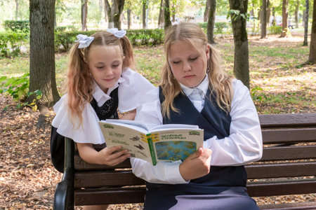 Knowledge day. The first of September. Beautiful elegant girls with fashionable hairstyle in school uniform in the park. Schoolgirl. Schoolgirl. September 2024.の写真素材