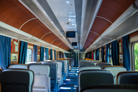 Ostashkov Tver region, Russia-08/25/2024. The interior of the SELIGER RETRO TRAIN carriage is in a historical style.の写真素材