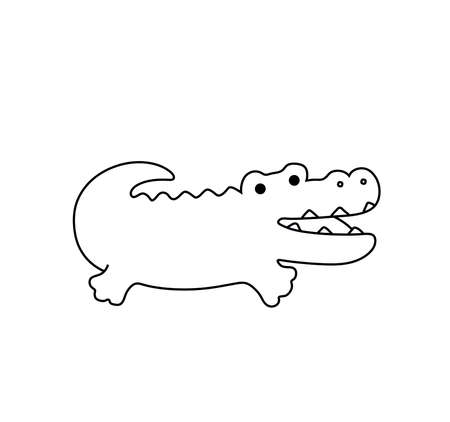 Vector isolated cute cartoon small crocodile line drawing. Colorless black line crocodile contour graphic sketch.のイラスト素材