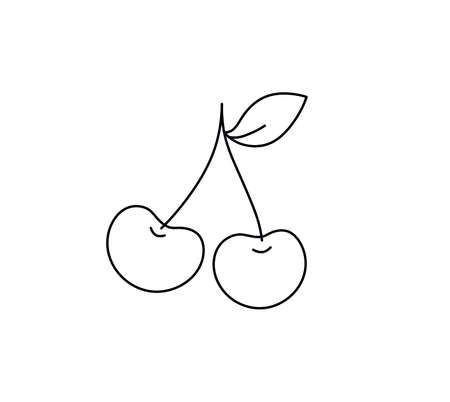 Vector isolated two cherries on a branch contour line drawing. Pair of cherries silhouette black line icon, logotype, logo, symbol, tattoo, pattern, cherry doodle sketch, cherry tattoo, cherries neatのイラスト素材