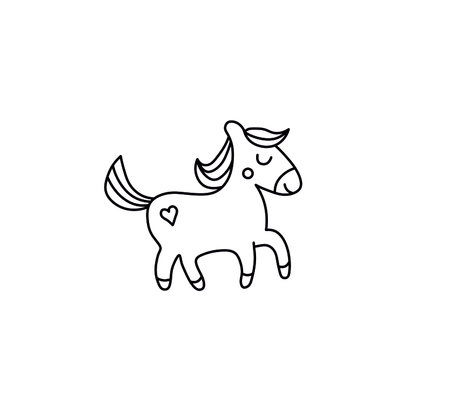 Vector isolated cute cartoon pony horse contour line drawing. Colorless black and white horse coloring page for childrens.のイラスト素材