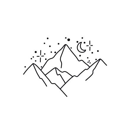 Vector isolated three mountain peaks contour black line drawing. Night mountain peaks colorless black and white graphic tattoo, print, pattern, poster element. Night mountains, starry sky, moon lightのイラスト素材