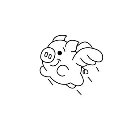 Vector isolated cute cartoon flying pig character. Colorless black and white flying winged pig contour line drawingのイラスト素材
