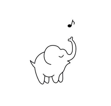 Vector isolated cute cartoon singing elephant contour line drawing. Tiny musical elephant doodle sketch.のイラスト素材
