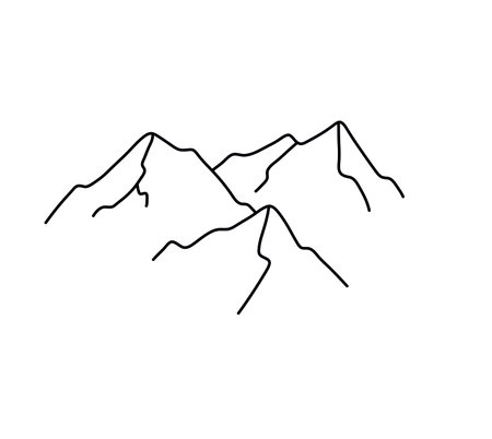 Vector isolated three mountain peaks contour black line drawing. Mountain peaks colorless black and white graphic tattoo, print, pattern, poster elementのイラスト素材