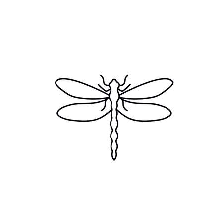 Vector isolated dragonfly contour black line drawing. Colorless black and white symmetrical dragonfly. Dragonfly insect neat graphic tattoo, pattern, print, poster elementのイラスト素材