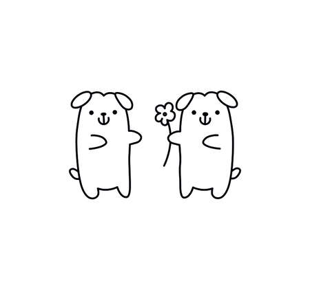 Vector isolated cute cartoon two dogs, a dog gives a flower to another dog line drawingのイラスト素材
