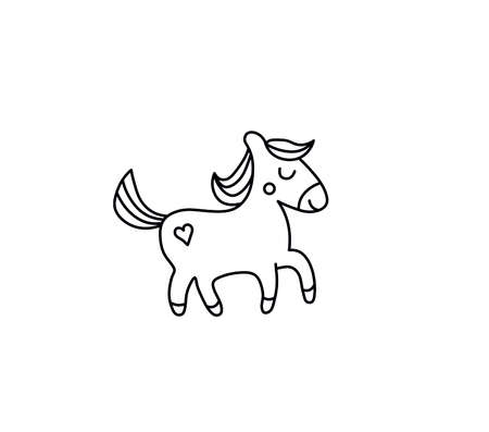 Vector isolated cute cartoon pony galloping horse contour line drawing. Colorless black and white horse coloring page for childrens.のイラスト素材