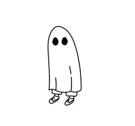 Vector isolated the man in the costume of a ghost under a white sheet. Halloween costume graphic doodle black and white drawingのイラスト素材