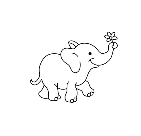 Vector isolated cute cartoon baby elephant hanging flower in trunk line drawing.のイラスト素材
