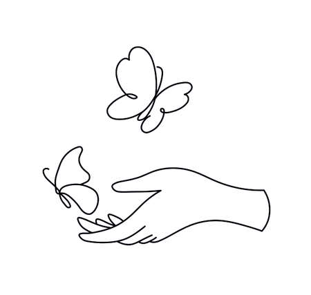 Vector isolated butterflies on hand line drawing. Butterflies on the hand graphic icon, logotype, symbol.のイラスト素材