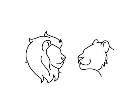 Vector isolated lion and lioness head line drawing. Contour lion and lioness head symbolのイラスト素材