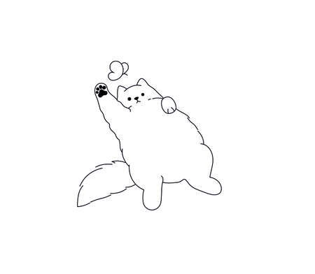 Vector isolated cute cartoon playing fluffy cat line drawing. Lazy cat lying on its back contour black line doodle sketchのイラスト素材
