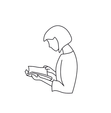 Vector isolated reading girl contour line silhouette drawing. Girl with opened book black line contour silhouette outline sketchのイラスト素材