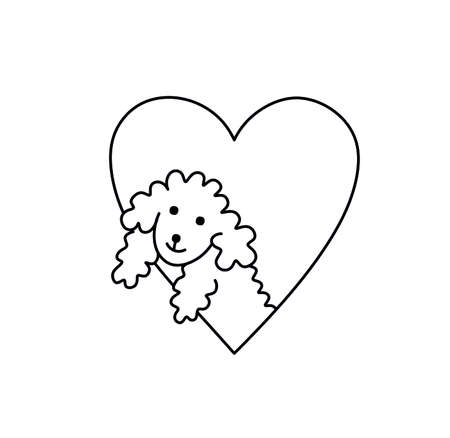 Vector isoated cute cartoon curly doggie or curly sheep in heart contour black line drawing.のイラスト素材