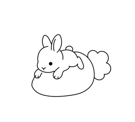 Vector isolated cute cartoon tiny rabbit with big carrot contour line drawing. Colorless black and white funny bunny outline doodle sketchのイラスト素材