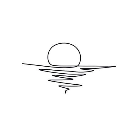 Vector isolated one line single line sunset contour drawing. Sea sunset line doodle sketch.のイラスト素材
