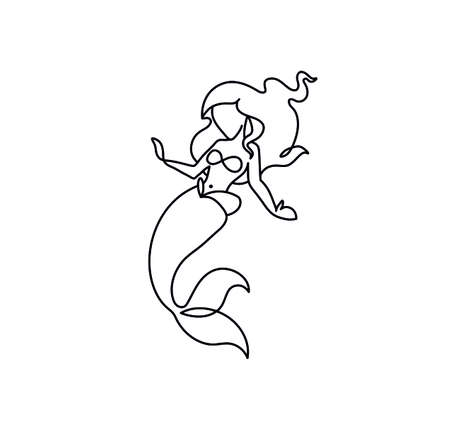Vector isolated cartoon mermaid contour line drawing. Colorless mermaid silhouette black line.のイラスト素材