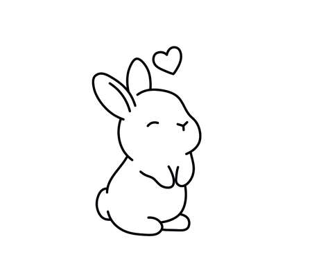 Vector isolated cute cartoon small rabbit in love contour line drawing. Colorless black and white black line tiny cute bunny contour outline doodle sketchのイラスト素材