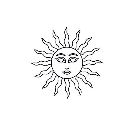 Vector isolated sun face line drawing. Fairytale sun face contour colorless outline pagan symbolのイラスト素材