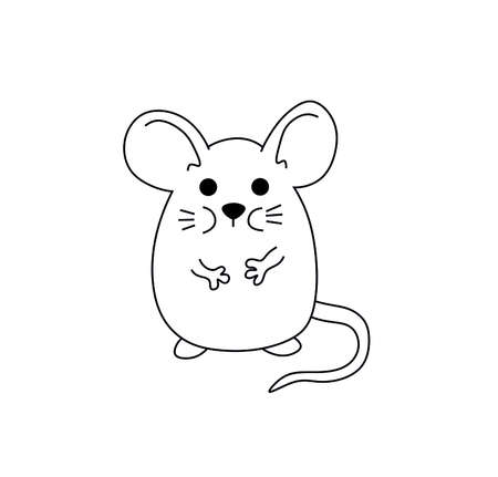 Vector isolated cute cartoon oval mouse children's drawing. Colorless black line small simple mouse.のイラスト素材