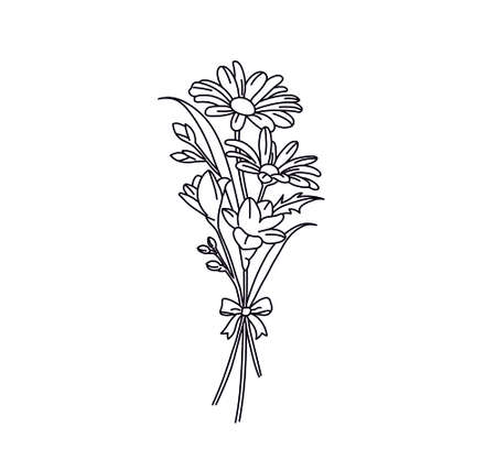 Vector isolated bouquet of wild flowers line drawing. Colorless black and white bouquet outline graphic sketchのイラスト素材