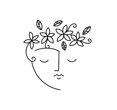 Vector isolated abstract head line drawing. Head with floral wreath line drawing.のイラスト素材