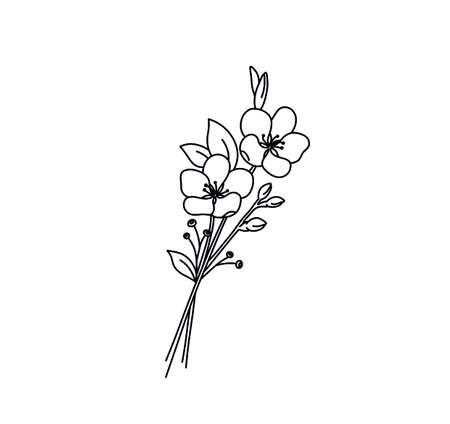 Vector isolated cute flower branch bouquet line drawing. Small simple bouquet line tattoo poster.のイラスト素材