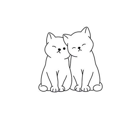 Vector isolated cute cartoon two cats in love contor black line graphic sketchのイラスト素材