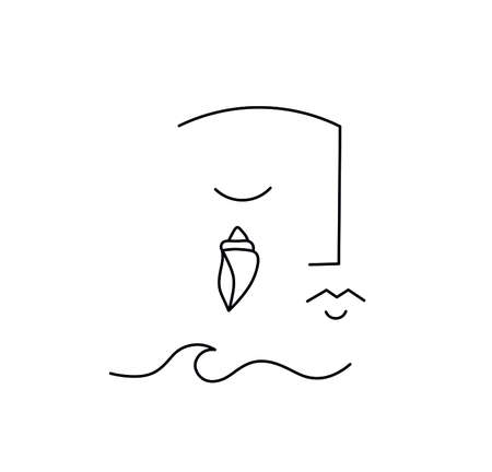 Vector isolated abstract face drawing. God of the sea, spirit of the sea line abstract drawing. Minimalism poster tattooのイラスト素材