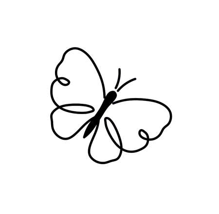Vector isolated cute cartoon butterfly one line drawing. Simple minimal tiny black line butterflyのイラスト素材