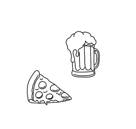 Vector isolated beer and pizza set contour line simple graphic drawing.のイラスト素材