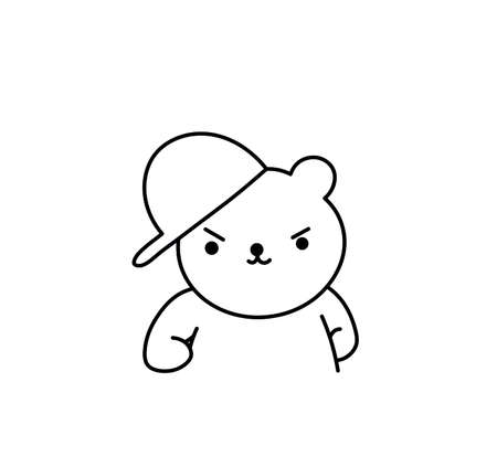 Vector isolated cute cartoon angry bear in cap black line contour drawingのイラスト素材