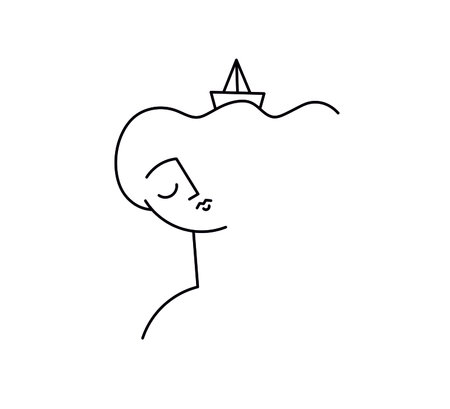 Vector isolated abstract woman line drawing. Woman with ship. Abstract head drawing.のイラスト素材