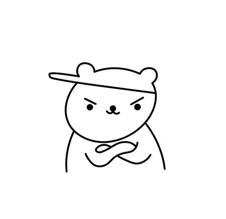 Vector isolated cute cartoon angry bear in cap black line contour drawingのイラスト素材