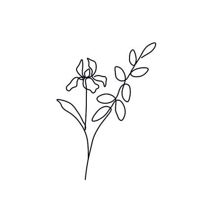 Vector isolated one line single line flower branch drawing. Black line flower decoration poster tattoo.のイラスト素材