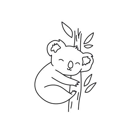 Vector isolated cute cartoon sleeping koala line drawing. Colorless black and white koala graphic doodle sketch.のイラスト素材