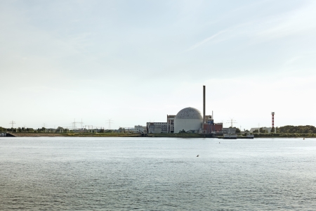 Nuclear plant near river in Stade, Germanyの写真素材