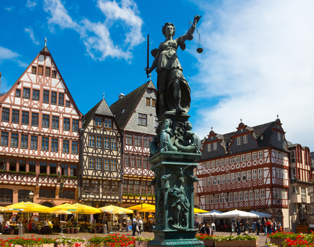 FRANKFURT, GERMANY - JUNE 15, 2016: View of Roemerberg square in Frankfurt, Germany. Frankfurt is the fifth-largest city in Germany.のeditorial素材