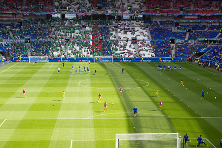 LYON, FRANCE - JUNE 16, 2016: Players training before UEFA EURO 2016 game of Ukraine against N.Ireland. Stade de Lyon, Lyon, Franceのeditorial素材