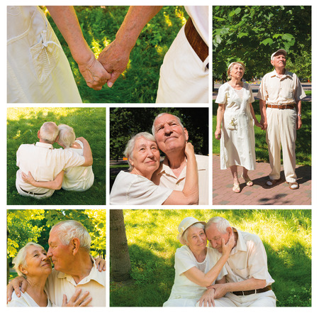 The happy old couple in the summer on a walk in park. Collageの写真素材