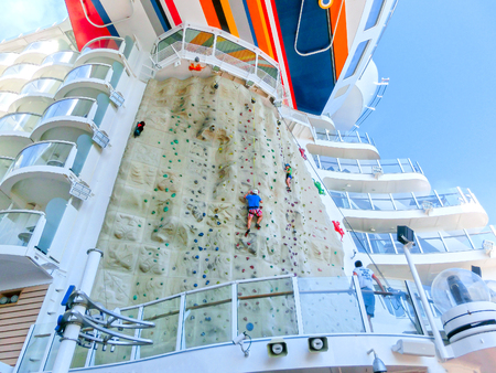 Barselona, Spaine - September 12, 2015: Royal Caribbean, Allure of the Seas sailing from Barselona on September 6 2015. The second largest passenger ship constructed behind sister ship Oasis of the Seas. The free attraction - climbing wallのeditorial素材