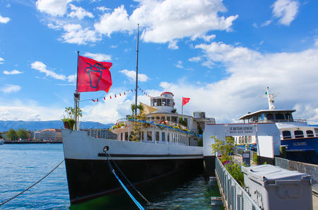 Geneva, Switzerland - June 17, 2016: view on Lake Geneva and ship. Lake Geneva iis a lake on the north side of the Alps, shared between Switzerland and France.のeditorial素材