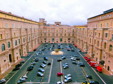 Vatican, Italy - May 02, 2014: Vatican Museums, one of the courtyards with cars. View from the window of the museumのeditorial素材