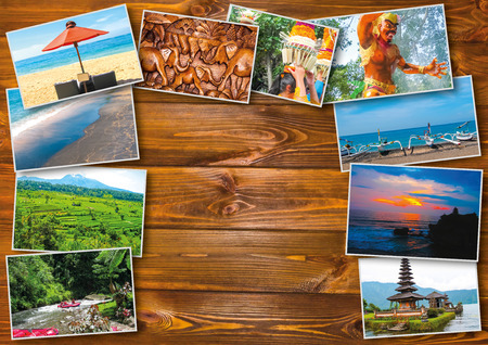 The collage on the theme of Bali, Indonesia on wooden backgroundの写真素材