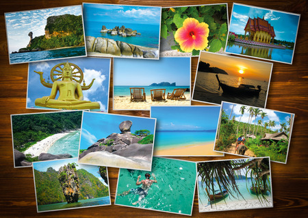 Thai travel, tourism concept - collage of Thailand images on wooden backgroundの写真素材