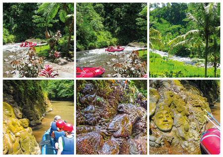 Rafting in the canyon on Balis mountain river at Indonesia. Collageの写真素材
